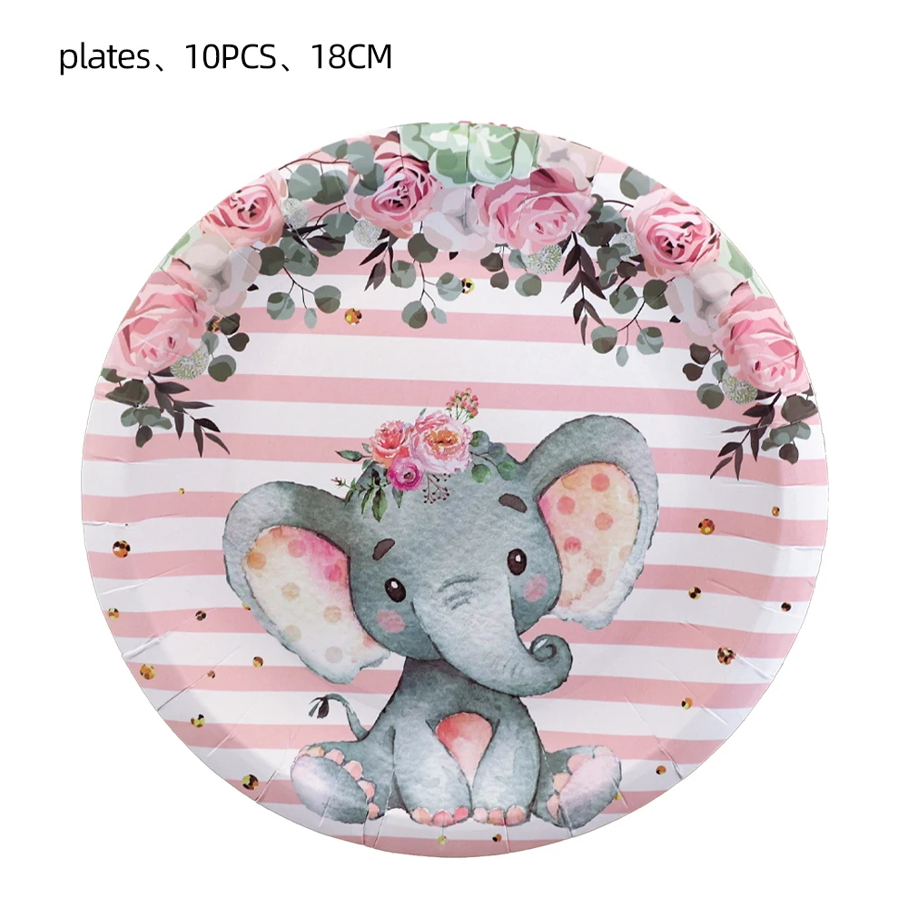 

10Pcs Dishes Pink Elephant Flower Theme Disposable Tableware Paper Plates Cup Banner Decoration Set For Girl 'sBirthday Supplies