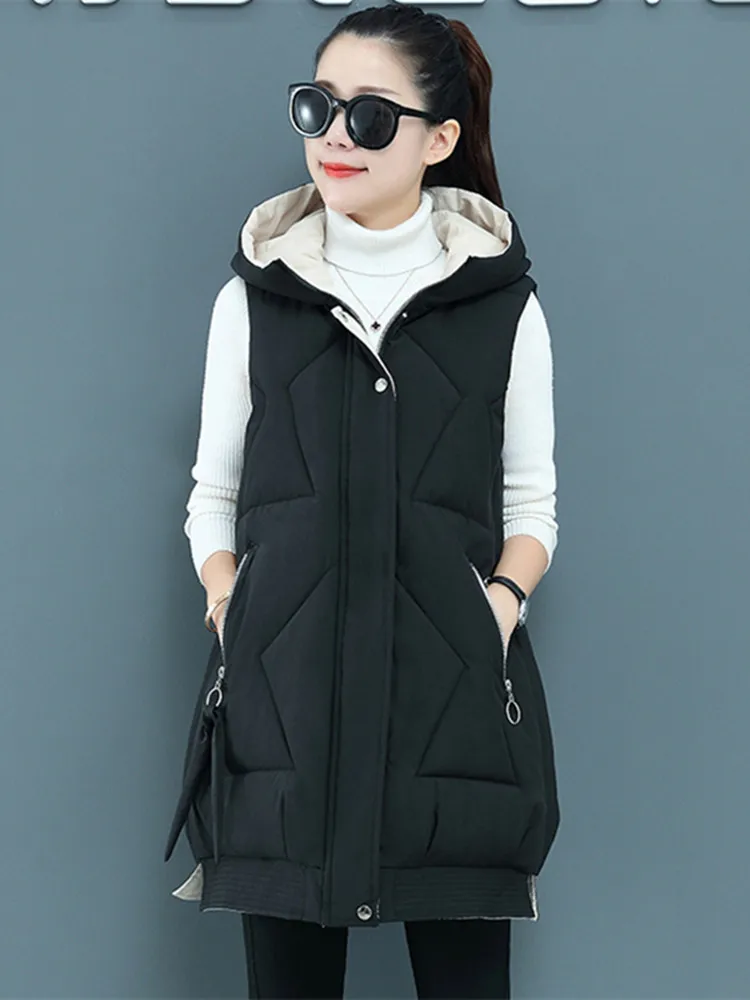 Новый пуховый жилет с хлопковой подкладкой женский средней длины на осень и зиму