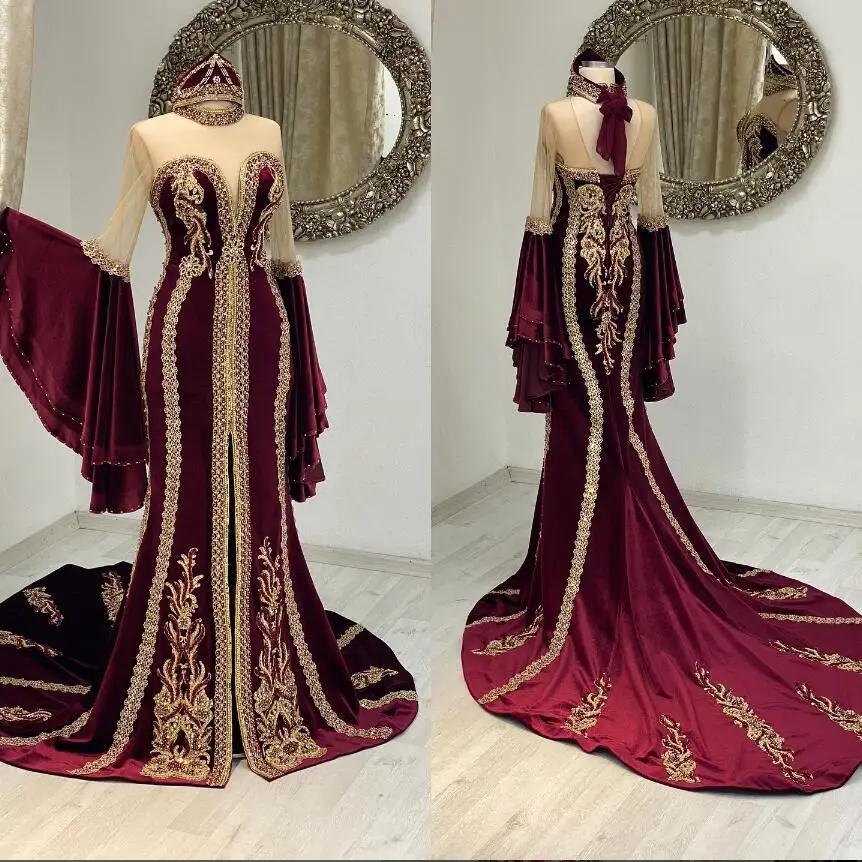 

Бархатные платья цвета Бургунди из хны, кафтан, вечерние официальные платья с оборками, длинным рукавом, кружевной аппликацией и бусинами, марокканские Выпускные платья