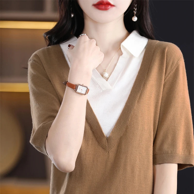 

Винтажный хлопковый свитер с отложным воротником и двойным V-образным вырезом, Новинка лета, свободная модная женская футболка в стиле пэчворк из двух частей