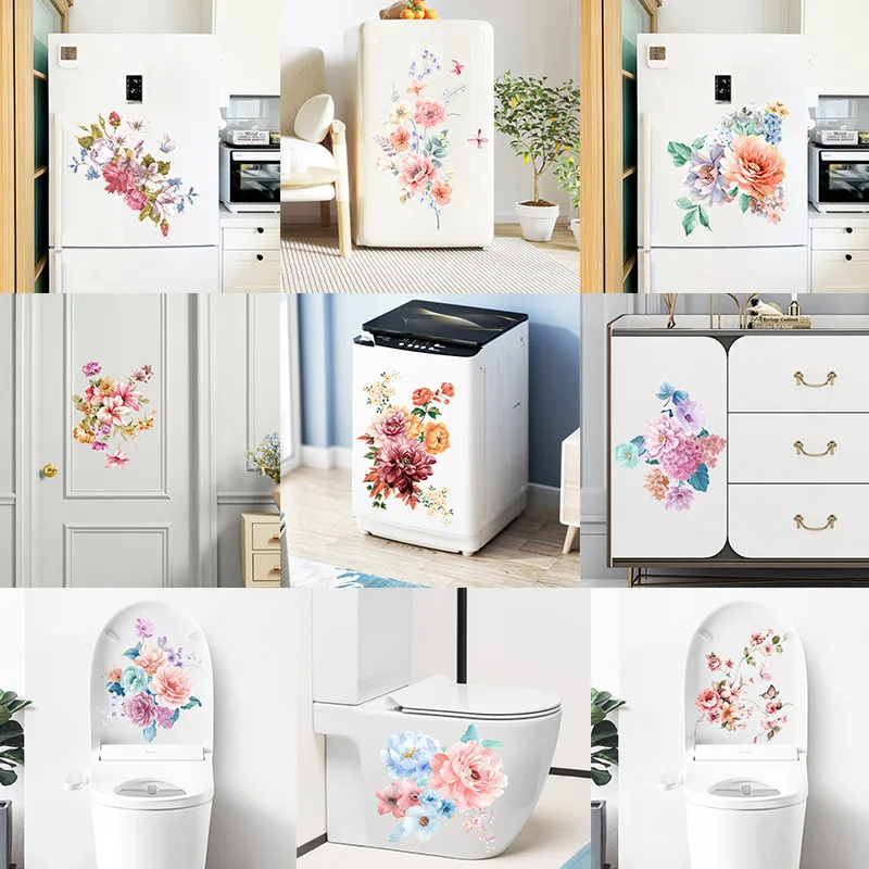 

Watercolor Colorful Flowers Plants Wall Stickers for Refrigerator Furniture Kitchen trunk Toilet Decorative Decals pvc