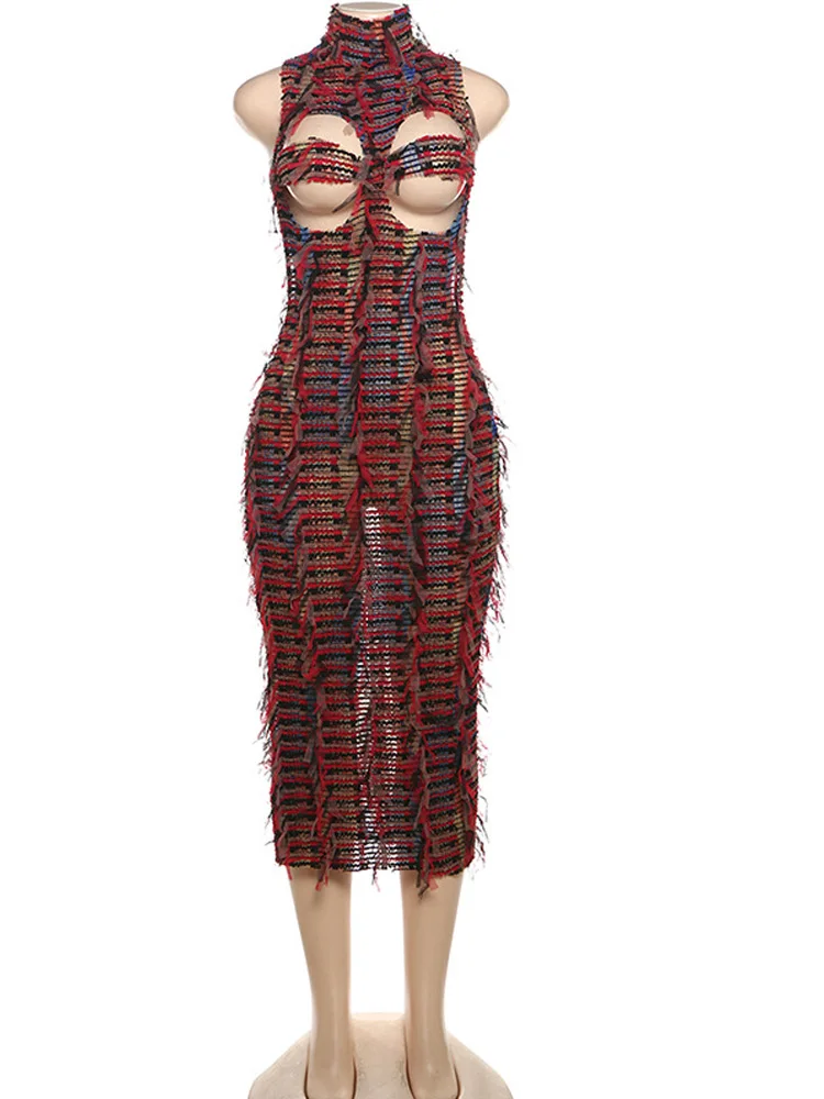 Beyprern женское разноцветное трикотажное платье миди с кисточками и открытой