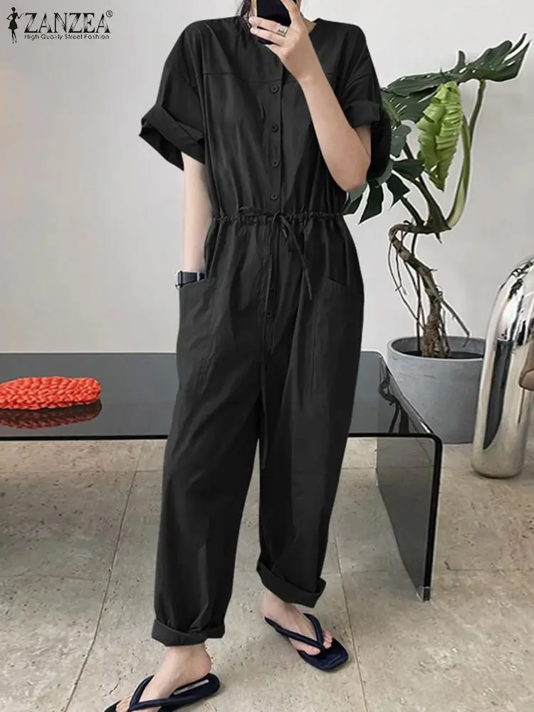 

ZANZEA Summer Retro Long Maxi Playsuits 2022 Fashion Solid Pocket Jumpsuits Casual Rompers Women Oversized Short Sleeve Overalls