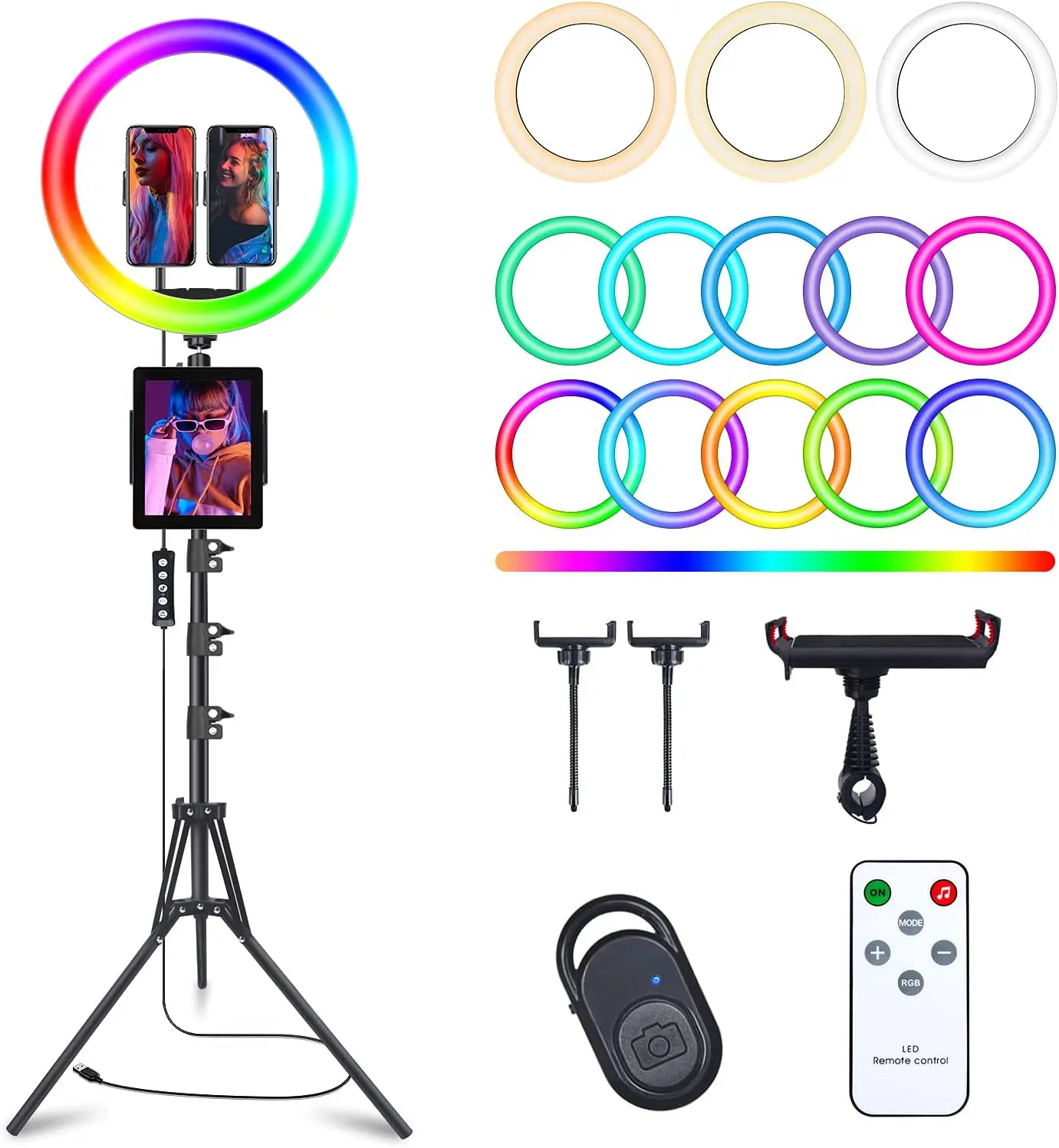 

NEW 13" Selfie Ring Light with 63" Tripod Holder and 3 Phone Holders, LED Camera Ring Light with 48 RGB Color Modes and Music
