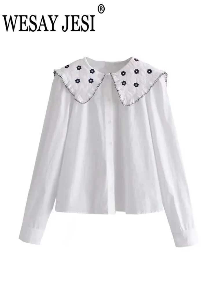 

WESAY JESI Cute Sweet Women's Shirt White Long-sleeved Naval Collar Embroidered Small Flower Fungus Edge Single-breasted Casual