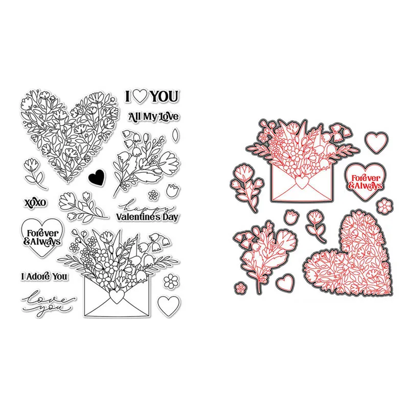 

Floral Heart Clear Stamps and Cutting Dies 2022 New Valentine's Day Stamp for DIY Scrapbooking Card Making Die Cuts 2022 X14