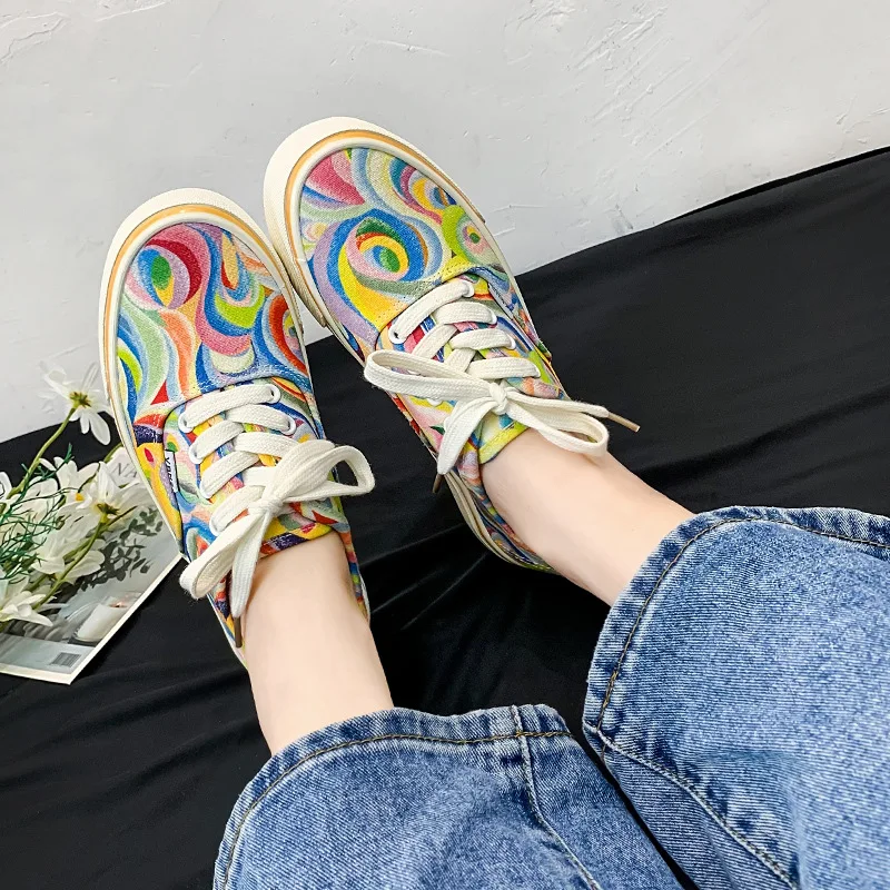 

Women Canvas Shoes 2023 Rainbow Design Canvas Shoes Women Lace Up Casual Shoes Ladies Graffiti Flat Shoes Zapatos Mujer