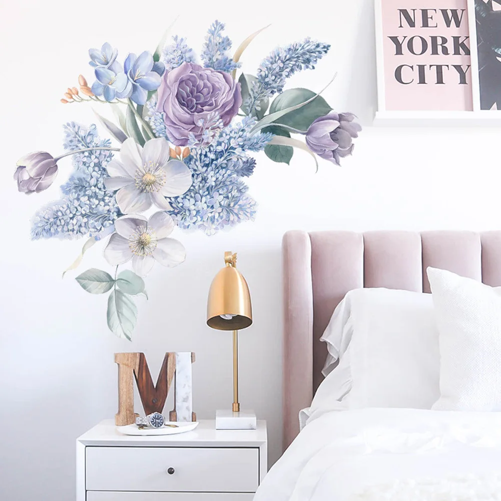 

Романтическая фиолетовая Наклейка на стену с цветами, домашнее украшение на стену, украшение для гостиной, спальни, акварельные обои, самок...
