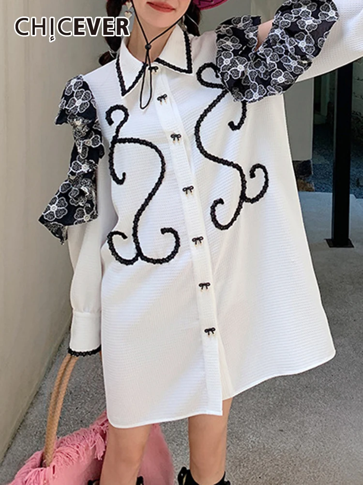 

Женское однобортное платье с отложным воротником CHICEVER, Летнее мини-платье с длинным рукавом и принтом в Корейском стиле