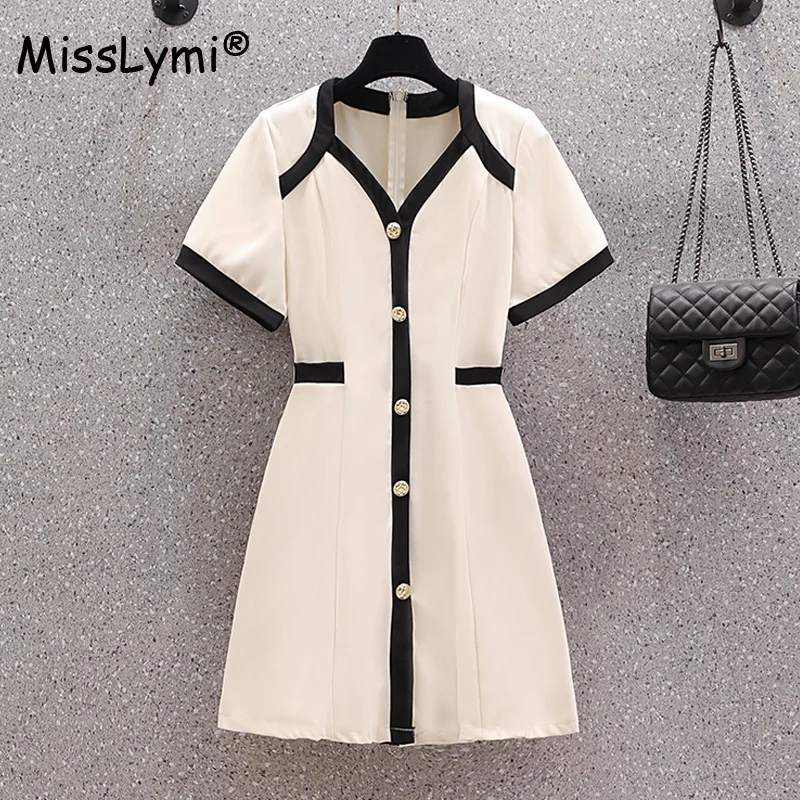 

Big Size Women France Elegant White Dress Summer 2022 V-Neck Short Sleeve Patchwork Color Single-breasted Ladies Formal Dresses