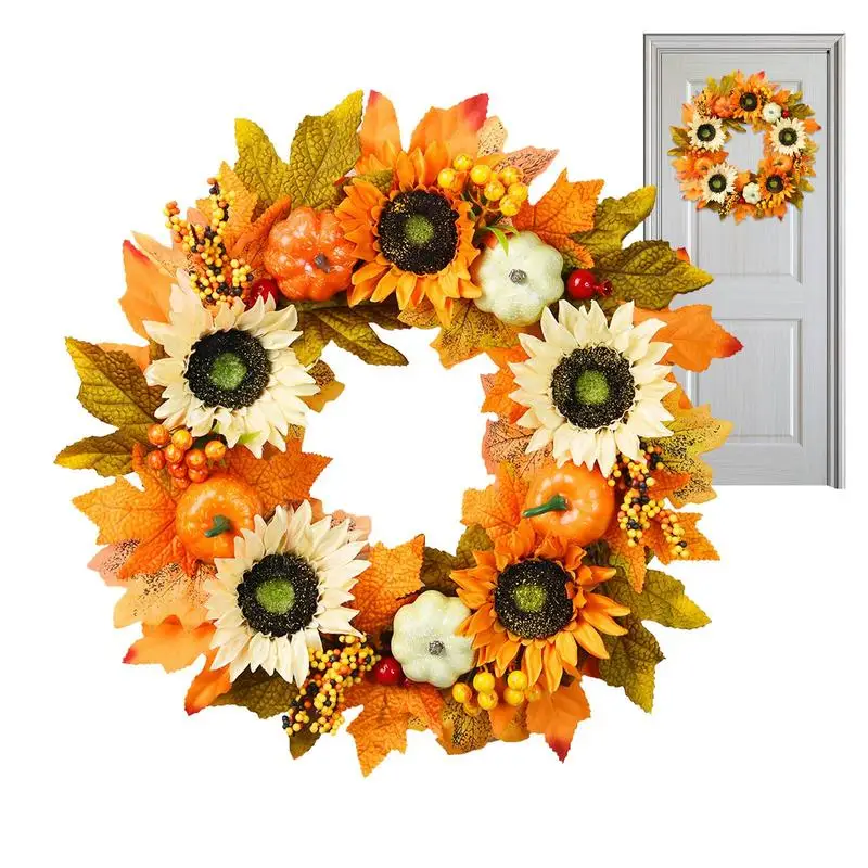 

Thanksgiving Sunflower Wreath Artificial Fall Maple Leaf Door Hanging 45cm Harvest Festival Sunflower Wreath Welcome Ornament