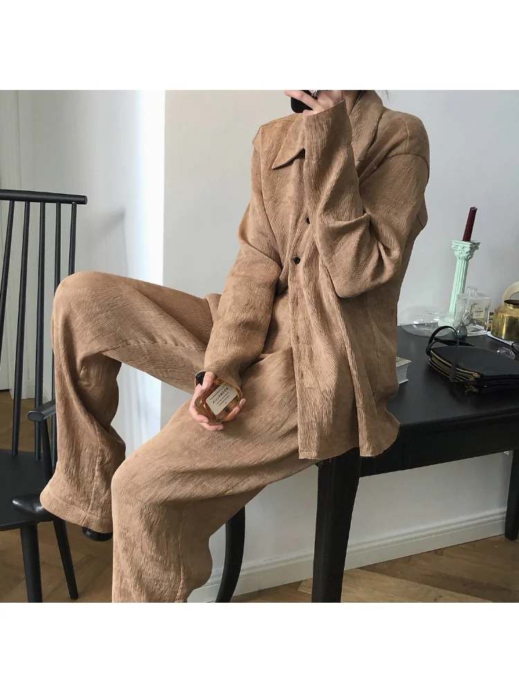 

Комплект брюк Msfancy Женский, плиссированная рубашка с длинным рукавом, широкие брюки, повседневный уличный костюм из 2 предметов