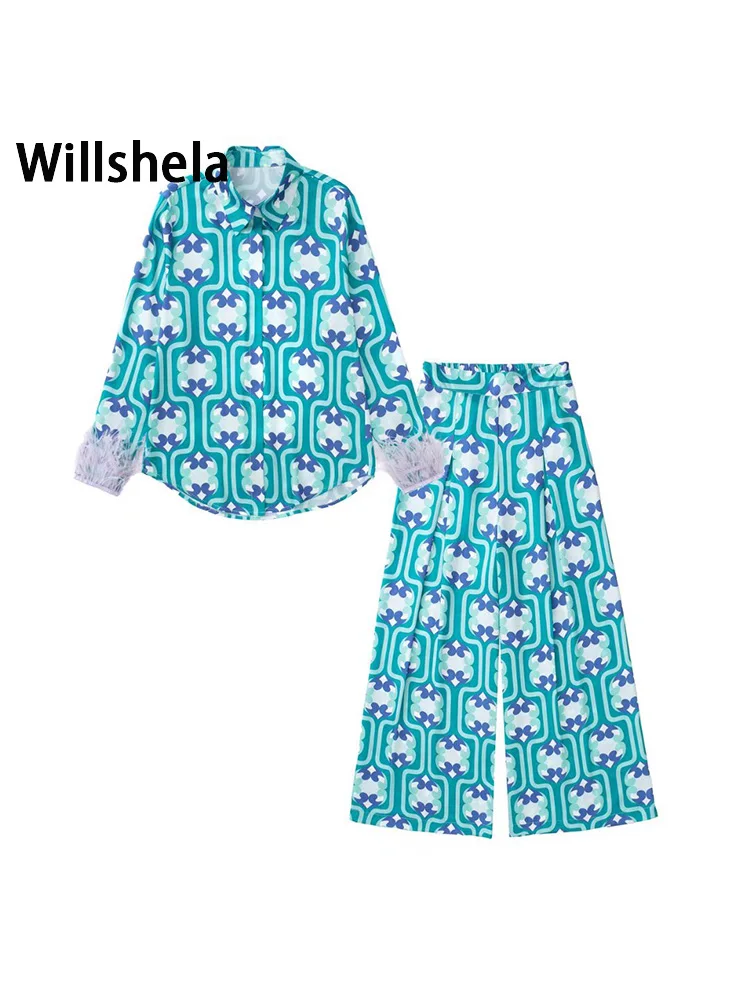 Willshela Women Fashion Two Piece Set Printed Single Breasted Blouse Straight Wide Leg Trousers Chic Lady Home Wear Pants Sets