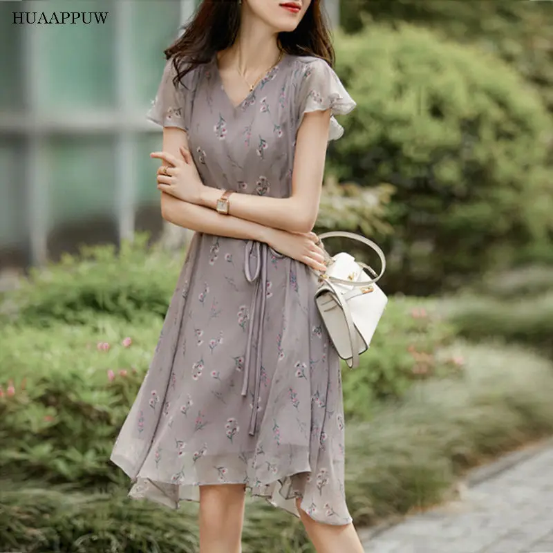 

Romantic Elegant V-Neck Short Sleeve Printed Dresses Women's Summer 2022 New Lace Up Slim Fashion Slim Dress