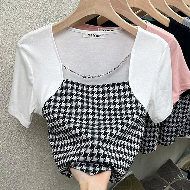 

Ins Chic Chain Patchwork Square Collar Woman Tshirts Elegant Office Lady Skinny Sexy Crop Tops 2022 Summer Harajuku Korean Trend