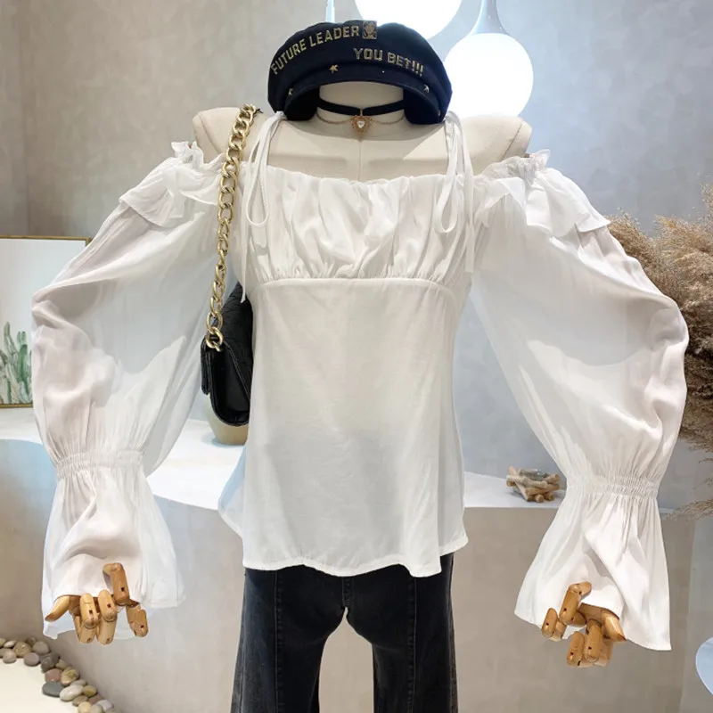 

Niche Design New Women 2022 Autumn Sweet Flare Long Sleeve Lace Up Off Shoulder Sling Chiffon Shirt Top Blouses Blusa Feminina
