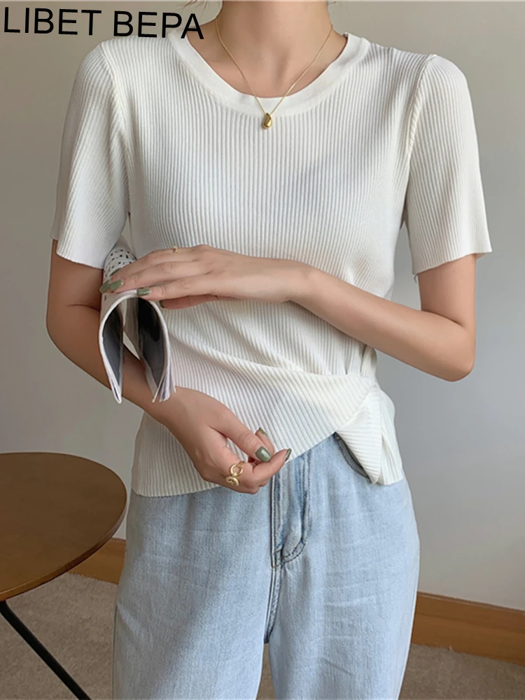 

Новинка 2022, вязаная футболка, модная женская летняя футболка, женские топы белого цвета