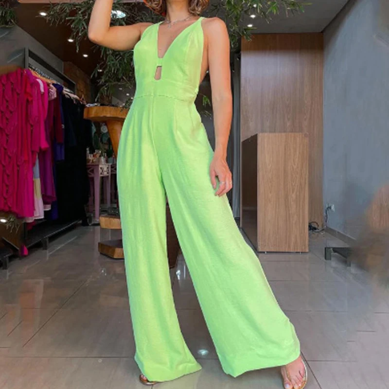 

New Spring Deep V Neck Hollow Out Jumpsuit Women Criss-cross Backless Party Playsuit Summer Wide Leg Pants Solid Romper Overalls