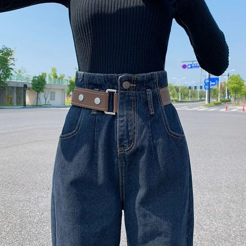 

New Korean Fashion Blue Slouchy Baggy Jeans Women High Waisted Belt Trousers Woman Boyfriends Girls Loose Haren Denim Pants 2