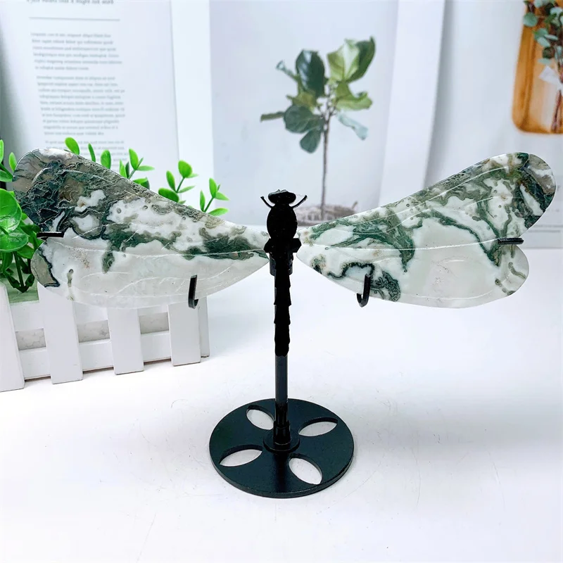 

Natural Moss Agate Dragonfly Wings With Stand Energy Gemstone Healing Crystal Stone Home Decoration Gift 1pair