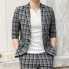 Мужской классический костюм, комплект из двух предметов, куртка и брюки, модный приталенный клетчатый деловой костюм в британском стиле, пальто и брюки