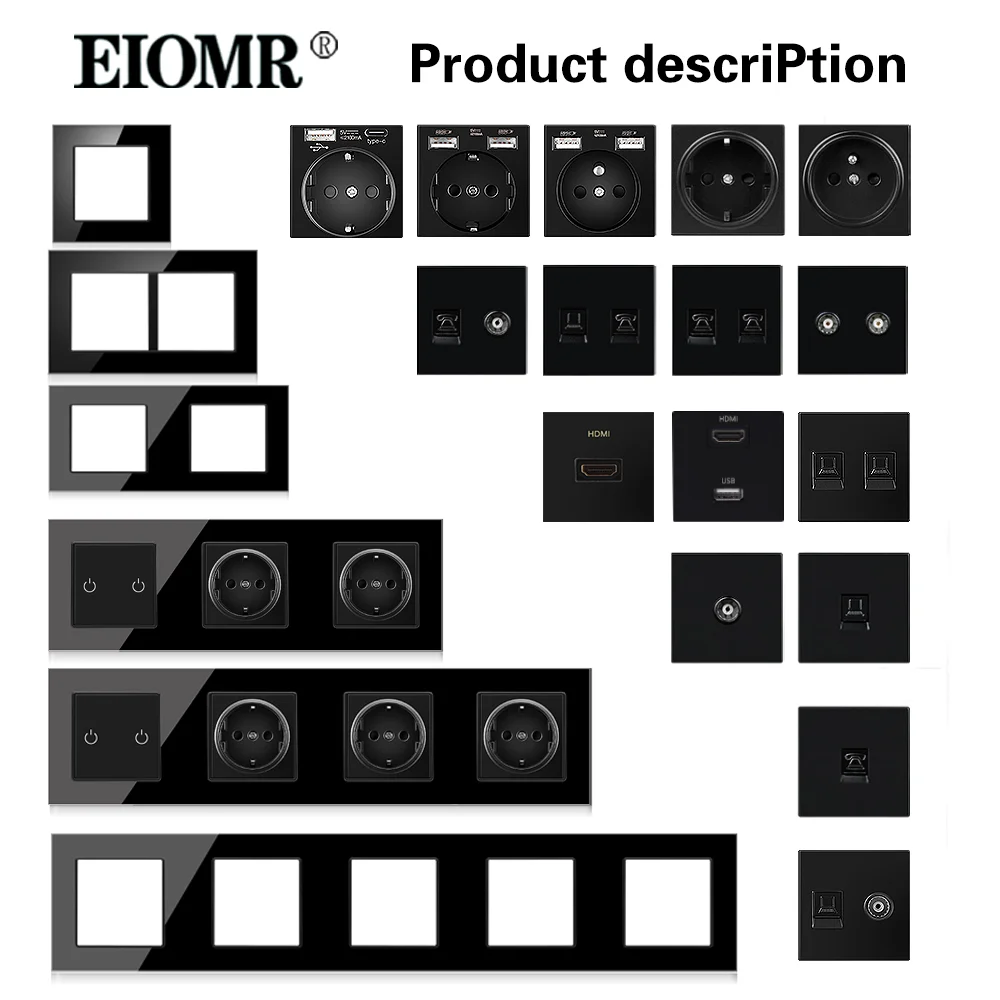 

Серия EIOMR G2, черная стеклянная панель, европейская Французская электрическая розетка, настенный выключатель, USB-зарядное устройство Type-C, TV ...