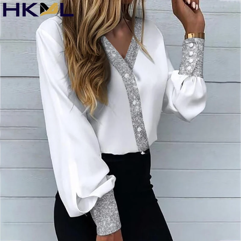 

2022 Spring Women Tops V-Neck Patchwork Print Button Blouse Shirts Fashion Off Shoulder Pullover Office Lady Elegant Slim Blusa