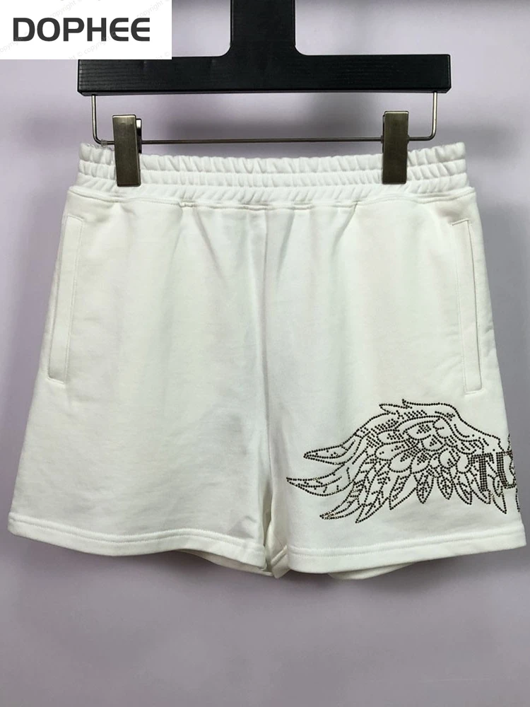 Luxury Hot Drilling Big Wings White Shorts for Men and Women All-match Loose Elastic Waist Streetwear Trendy Wide Leg Hot Shorts