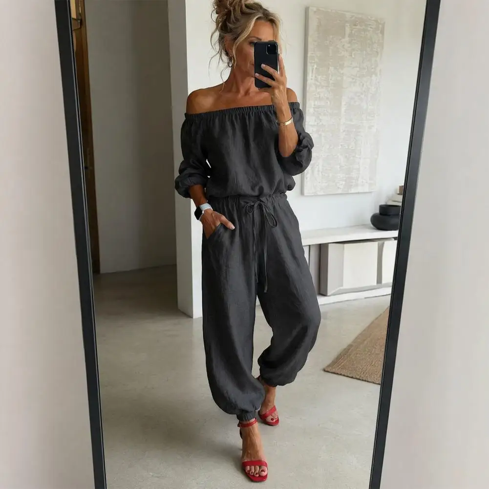 Фото Повседневный женский комбинезон с открытыми плечами и завязками на талии, летний комбинезон с коротким рукавом, цельный наряд №5
