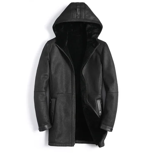 

Hooded Pure Sheep Shearling Jacket Men Original Sheepskin Fur One Integrated Fur Coat Men Thick Winter Jaqueta Masculina