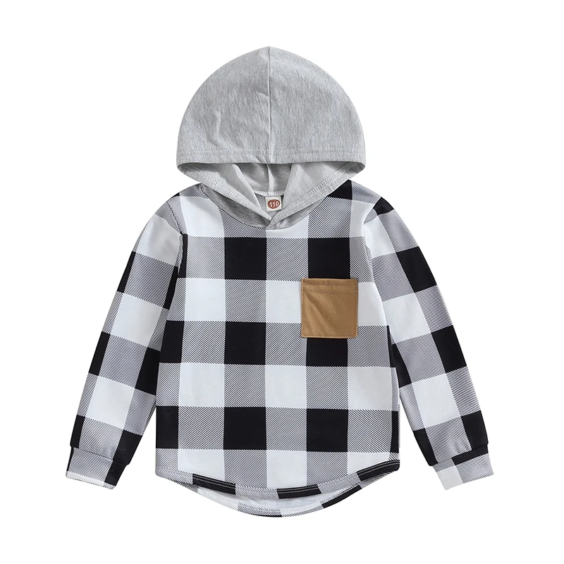 

2023 Kids Boys Hoodies Plaid Pocket Children Long Sleeve Hooded Sweatshirts Toddler Clothes Fall Winter Casual Tops Streetwear