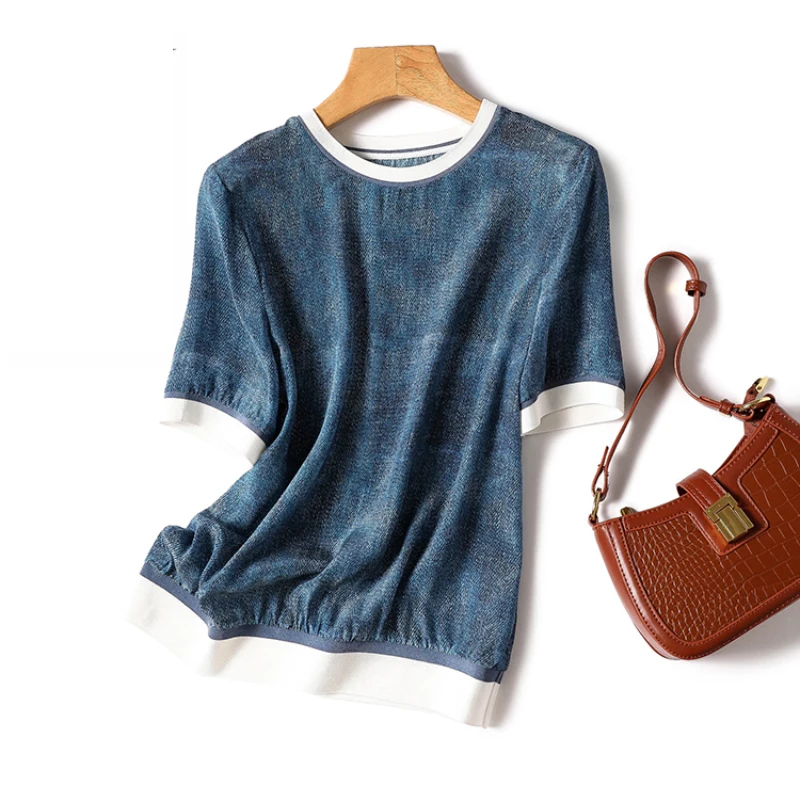 

Casual Short Sleeve Shirt Women Fashion O-neck Clothes Korean Patchwork Denim-colored Silk Blouse 2023 Summer Office Tops 26939