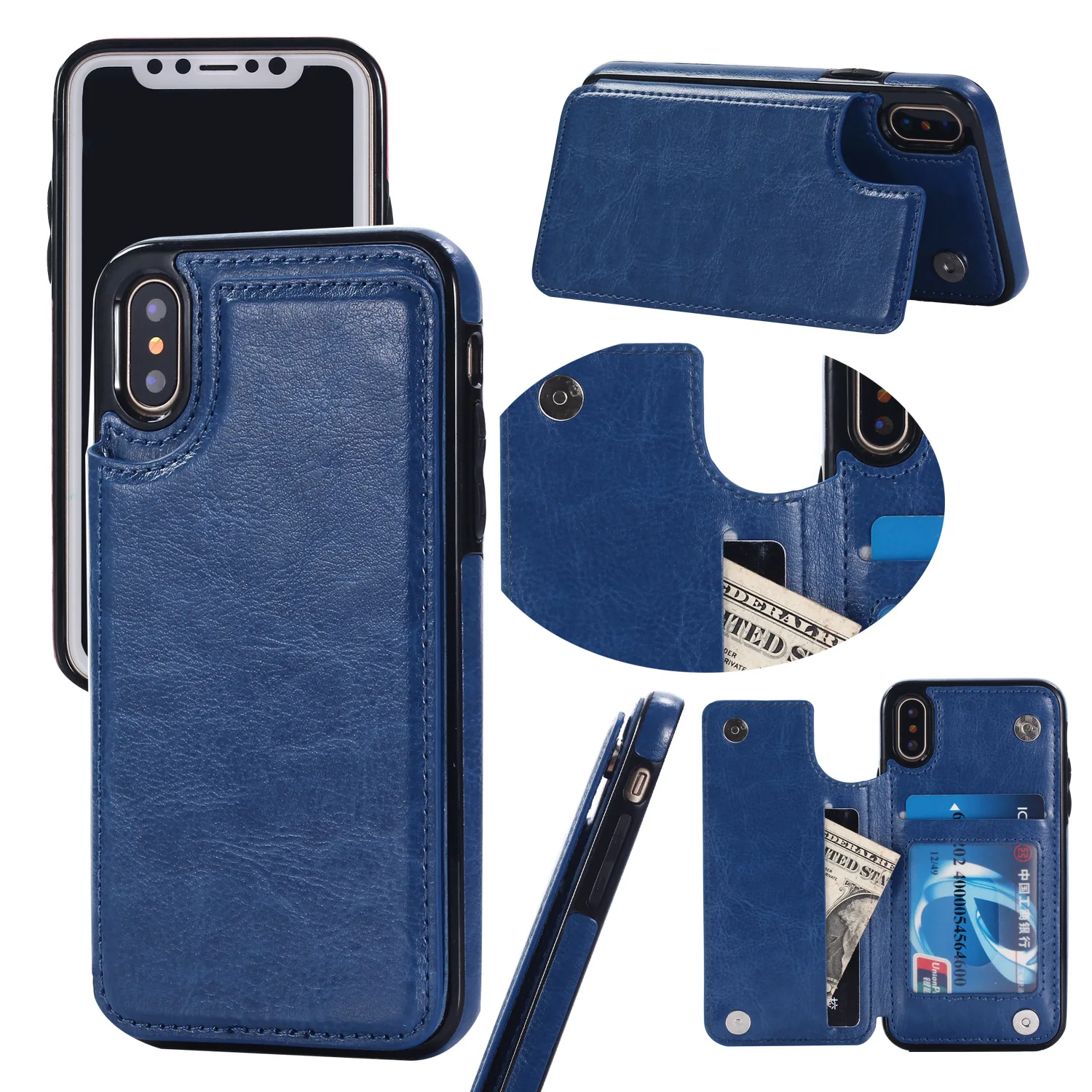 

Leather Wallet Flip Protective Case for iPhone 11, 12, 13, 14, 15, Crazy Horse Pattern, Luxury Phone Case, Creative Card Slots
