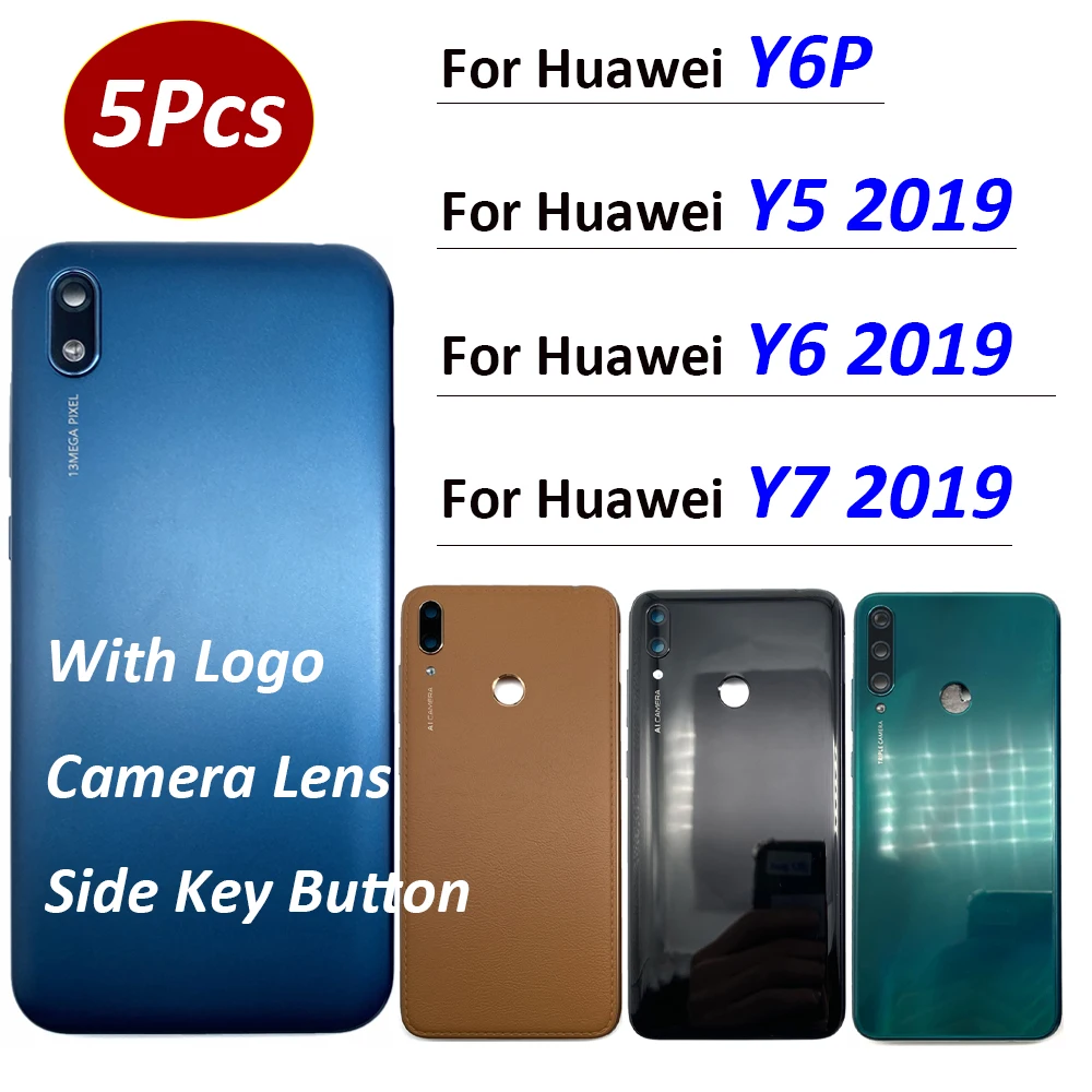 

5Pcs，NEW Replacement Back Battery Cover Housing Case battery back cover Parts For Huawei Y6 Y5 Y7 2019 Y6P With Side Key Button