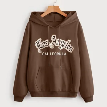 Los Angeles Dark Letter Printed Brown Hoodies Women Street Hip Hop Hoody Warm Clothes Loose Sweatshirt Womens Oversized Pullover 1