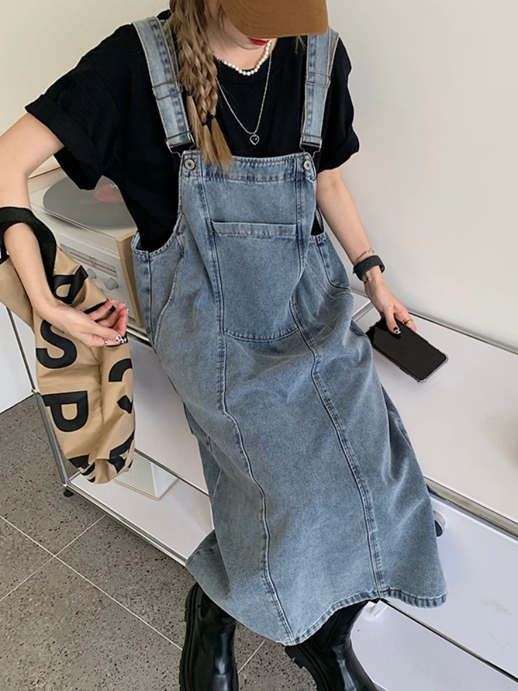 

LY VAREY LIN New Summer Women Vintage Loose Pockets Denim Strap Dress Lady Fashion Casual Sleeveless Straight Long Dress