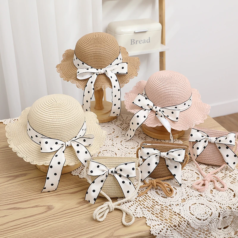 

Summer Straw Hat Bag For Girls Dot Bow Cool Hat Children Cute Kids Sunshade Hat Baby Outdoor Beach Sun Hat Bag chapeau homme