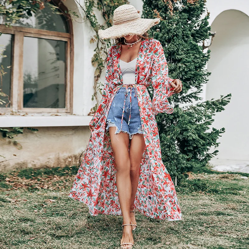 

TEELYNN Boho Floral Print Short Kimono Dress Vintage Bikini Cover Up Women Casual Rayon Sexy V Neck Robe Beach Cover-ups Lady