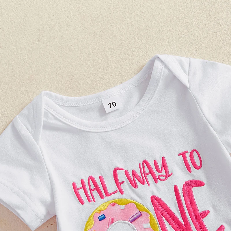 Baby Girl Summer Outfits Letter Donut Embroidered Short Sleeve Romper Flare Pants Headband 3Pcs Clothes Set