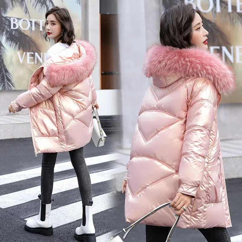 Shiny Wash-free Down Cotton Jacket Women Fashion Casual 2022 Winter Padded Coat Female Long Hooded Fur Collar Thick Warm Parkas