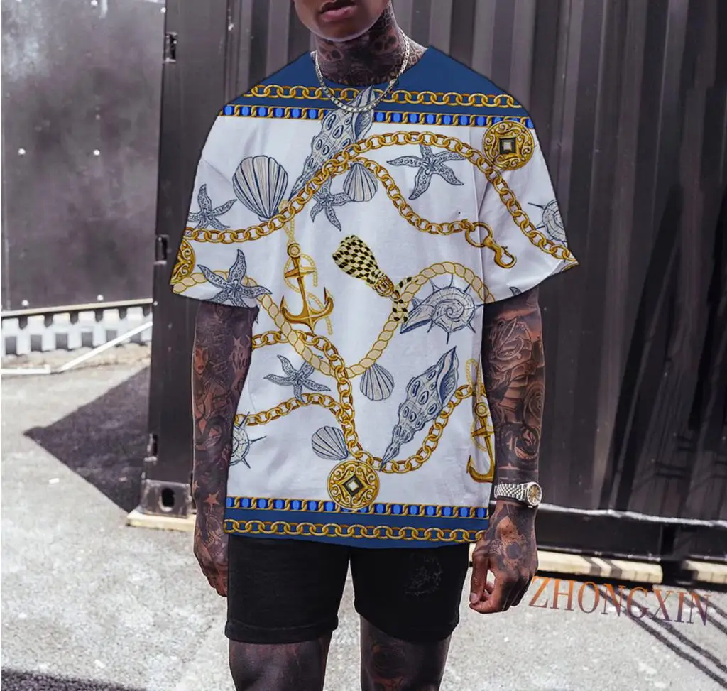 

Футболка мужская с коротким рукавом, брендовая тенниска в стиле барокко с принтом золотистой цепочки, роскошная Роскошная майка в Королевс...