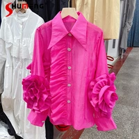 2022 spring new womens european fashion sweet shirt ladies french ruffled 3d flower sleeve drill buckle blusas simple solid top