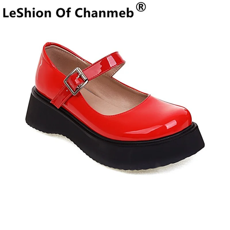 

LeShion Of Chanmeb Patent PU Leather Women Buckle Mary Jane Shoes Round Toe Flat Platform Casual Flats Girls Red White Black New