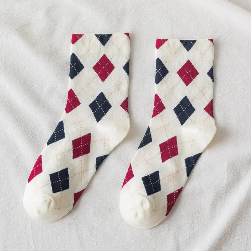 5 Pairs Korean Japanese Cute Kawaii Cartoon Women Socks Ins Student Colorful Diamond Plaid Casual Tube Socks