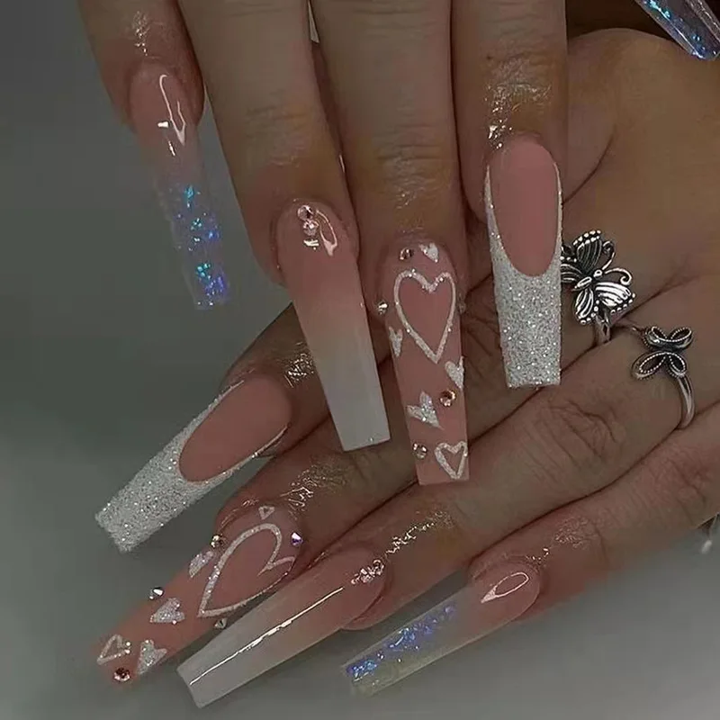 

Valentine's Day Heart Pattern Long Ballet Wear Nail Full Coverage Removable Wear Nail With Rhinestones With Press Glue