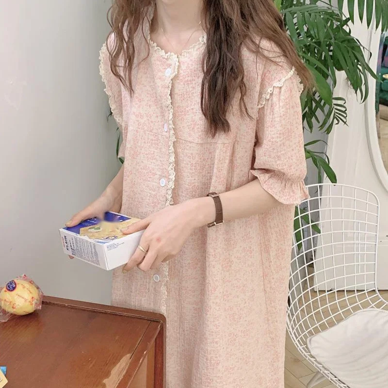Women's Night Dress Cotton Lace Sleep Dress Half Sleeve Home Dressing Gown Summer Sweet Loose Sleepwear Pajamas Nightgown Female