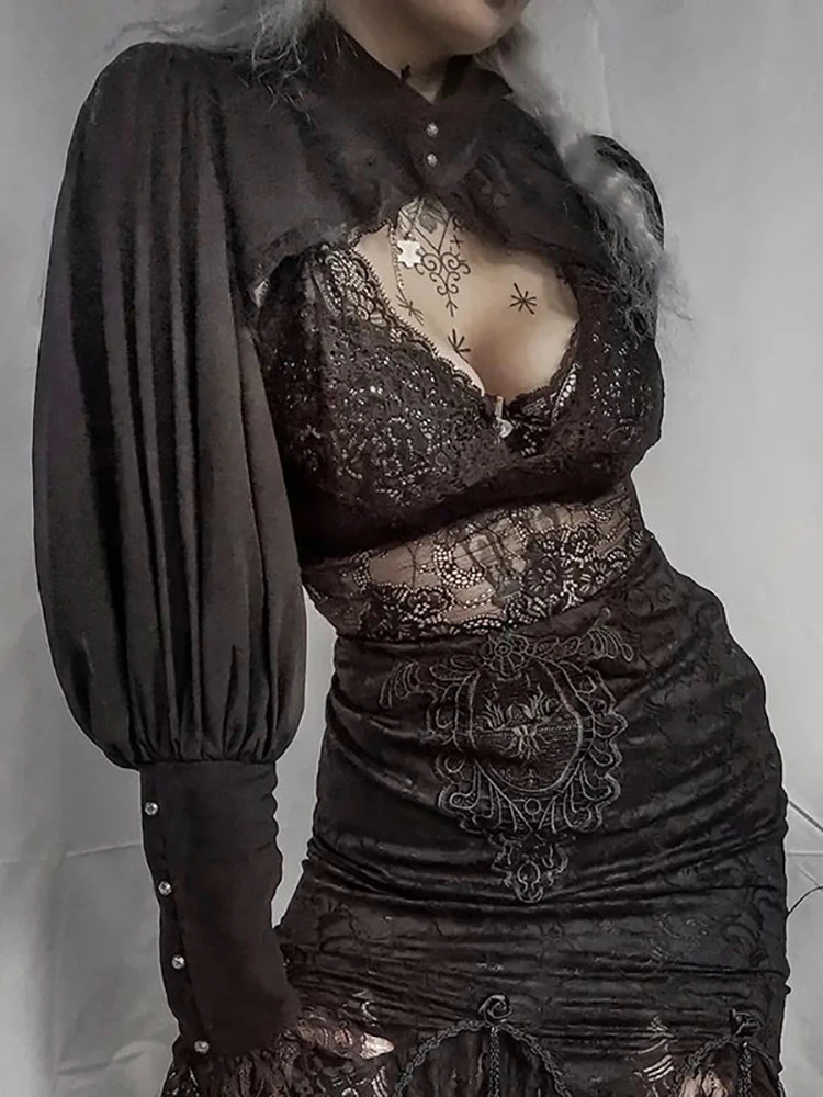 Женские винтажные Блузы кроп Goth Dark черные элегантные блузы с высоким воротником