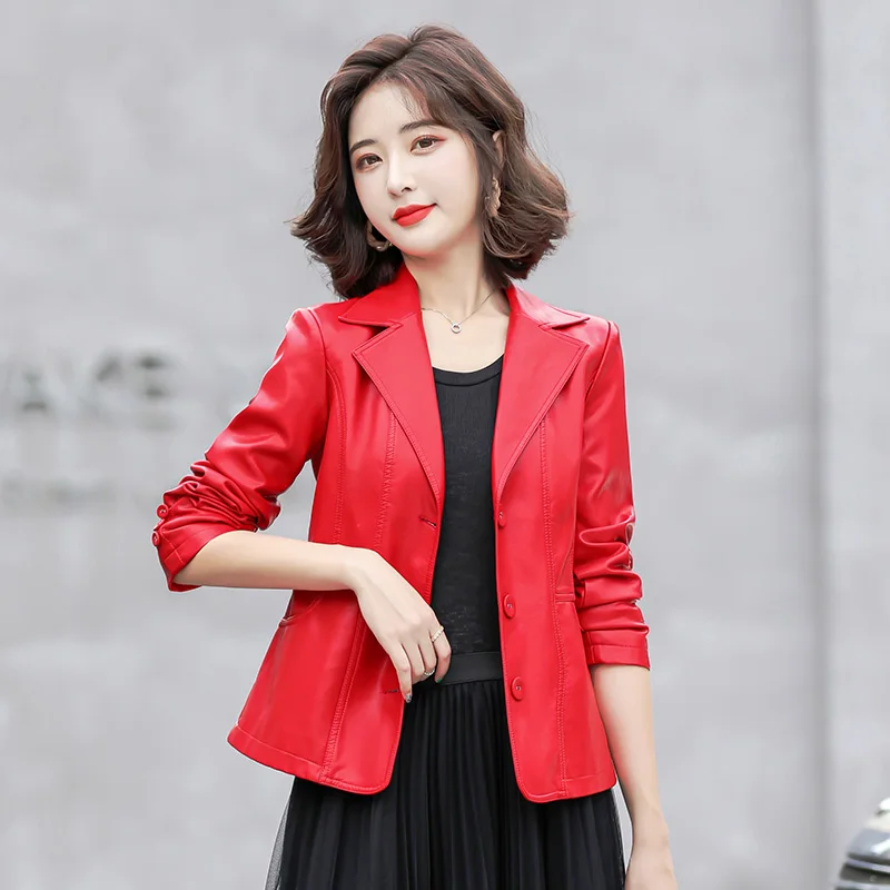 

TOP QUALITY New Fashion 2022 Designer Leather Jacket Women Classic Single Breasted Slim Sheep Leather Blazer Outer Size M-5XL
