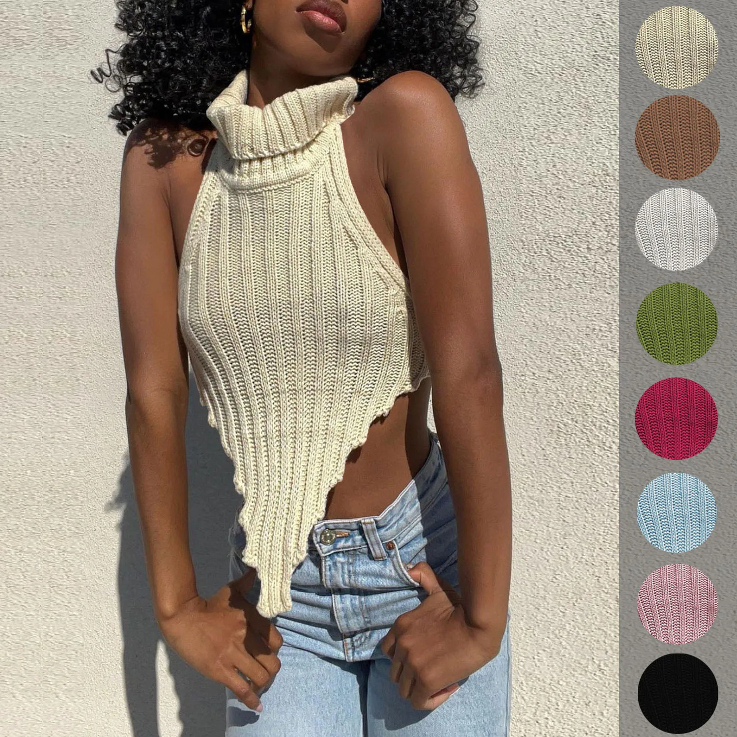 

2022 Women Irregular Crop Tops Sweater Fashion Clothing Blouses Pullovers Turtleneck Sweaters Women Tops