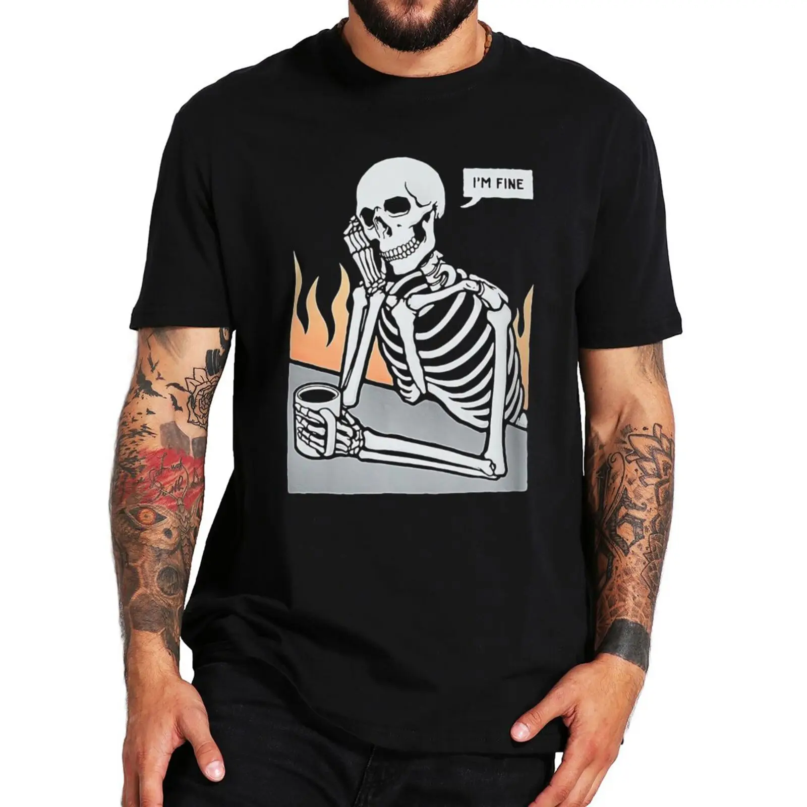 

I Am Fine Skeleton T-shirt Funny Slogan Skeleton Print Tee Tops Oversized 100% Cotton Summer Casual T Shirt For Men Women